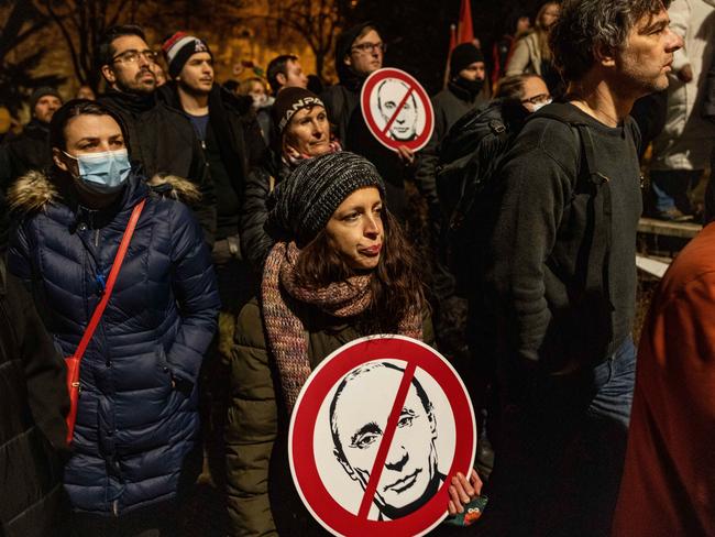 Protesters in Budapest, Hungary, gather to demonstrate against Vladimir Putin. Picture: Janos Kummer/Getty Images