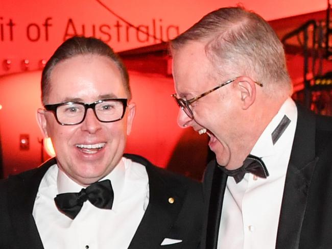 SYDNEY, AUSTRALIA - MARCH 31: (L-R) Jodie Haydon, Alan Joyce and Anthony Albanese at the Qantas 100th Gala Dinner at hangar 96 at Sydney's International Airport on March 31, 2023 in Sydney, Australia. (Photo by James D. Morgan/Getty Images)