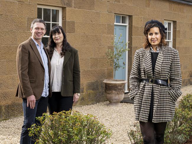 Home owners Stuart and Karen Miles with Grand Designs Transformations host Yasmine Ghoniem in Oatlands, Tasmania. Picture: Brad Harris