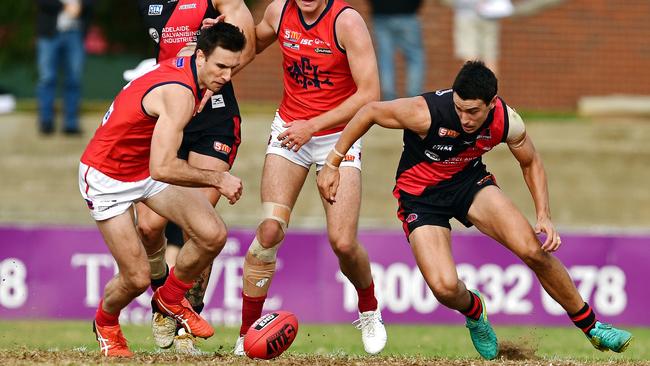 Norwood's Matthew Panos and West's Thomas Keough compete for the ball in the centre at Richmond Oval. Picture: Tom Huntley