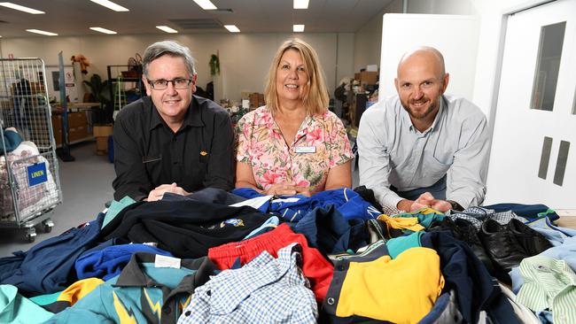 Andrew McArdle, Queensland Country Bank Executive Manager, Sharon Nicholson, St Vincent de Paul Queensland Executive Manager and Stephen Burrowes, Director of Client Services at CentaCare North Queensland, have teamed up to run the School Savy program which accepts second-hand school uniforms and stationary. Picture: Shae Beplate.