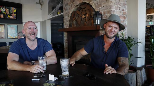 Greg Moore, right, with mate Hewy O’Connell, celebrating his bucks day at Manly’s Steyne Hotel in Sydney’s northern beaches on Friday. Picture: Nikki Short