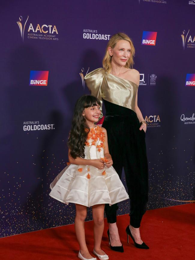 Cate Blanchette and co star Selina Zahednia arrive on the Red Carpet at the 2024 Aacta Awards at HOTA on the Gold Coast. Picture: Glenn Campbell