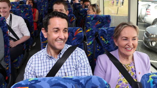 Leader of the Opposition David Crisafulli and Ros Bates on the campaign bus near Yeppoon. Picture: Liam Kidston.