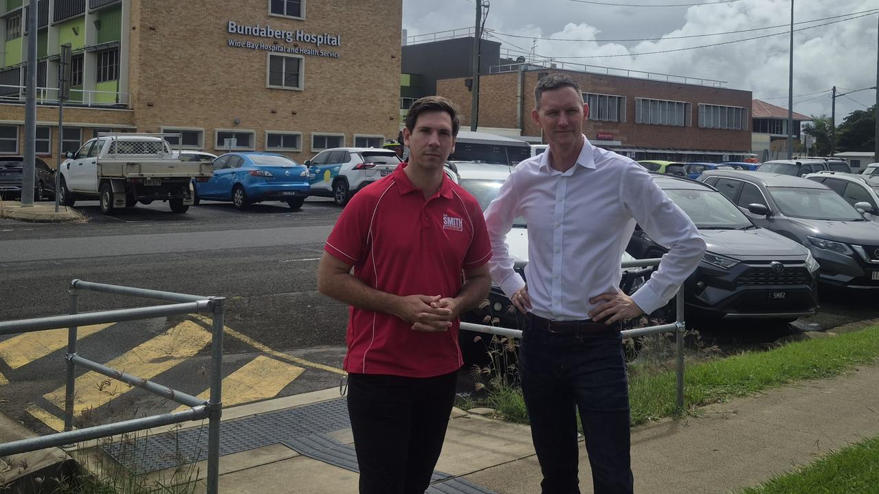 Labor MP Tom Smith and opposition spokesman for health Mark Bailey at the Bundaberg Hospital onThursday, March 20, 2025.