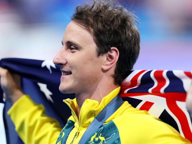 NANTERRE, FRANCE - AUGUST 02: Gold Medalist Cameron McEvoy of Team Australia poses following the Swimming medal ceremony after the Men's 50m Freestyle Final on day seven of the Olympic Games Paris 2024 at Paris La Defense Arena on August 02, 2024 in Nanterre, France. (Photo by Quinn Rooney/Getty Images)