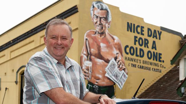 Grayndler MP Anthony Albanese in front of the mural of Bob Hawke. Picture: Monique Harmer