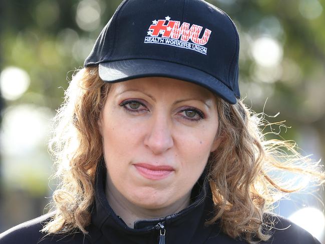 Health Workers Union Secretary Diana Asmar at the union rally over 100 job losses at Barwon Health's in-house laundry. Picture: Peter Ristevski