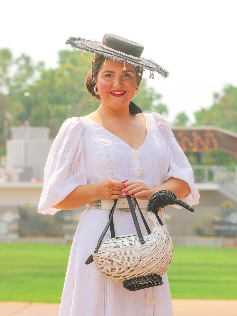 Kim Watkinson with her bin chook purse at the 2021 Darwin Cup Carnival Derby Day. Picture: Glenn Campbell