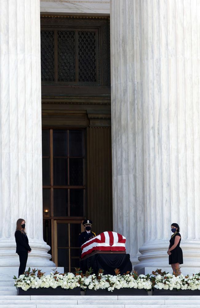 “A jurist of historic stature’: The casket of Associate Justice Ruth Bader Ginsburg is placed on the Lincoln catafalque on the west front of the U.S. Supreme Court September 23. Picture: AFP