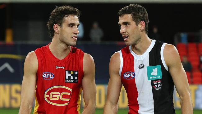 Twins Ben (left) and Max King talk post-game. Picture: Michael Klein