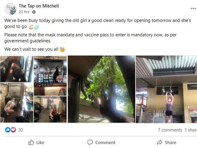 The Tap Bar on Mitchell ST staff gave their beloved workplace a bit of TLC and scrubbed the venue until it sparkled. Picture: Supplied