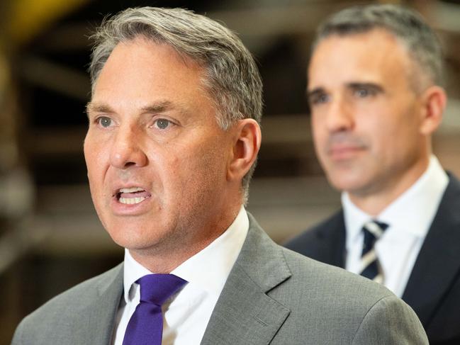 ADELAIDE/ KAURNA YARTA, AUSTRALIA - NewsWire Photos NOVEMBER 10, 2023: Acting Prime Minister Richard Marles and Premier of South Australia Peter Malinauskas at Osborne shipyard for a press conference about a land agreement to build AustraliaÃ¢â¬â¢s nuclear powered submarines. Picture: NCA NewsWire / Morgan Sette