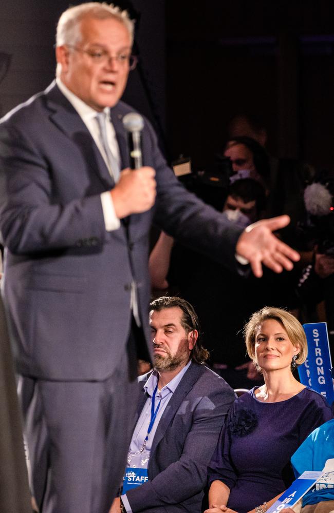 The Prime Minister delivers a speech at Accor stadium in the electorate of Reid. Katherine Deves attends front row. Picture: Jason Edwards