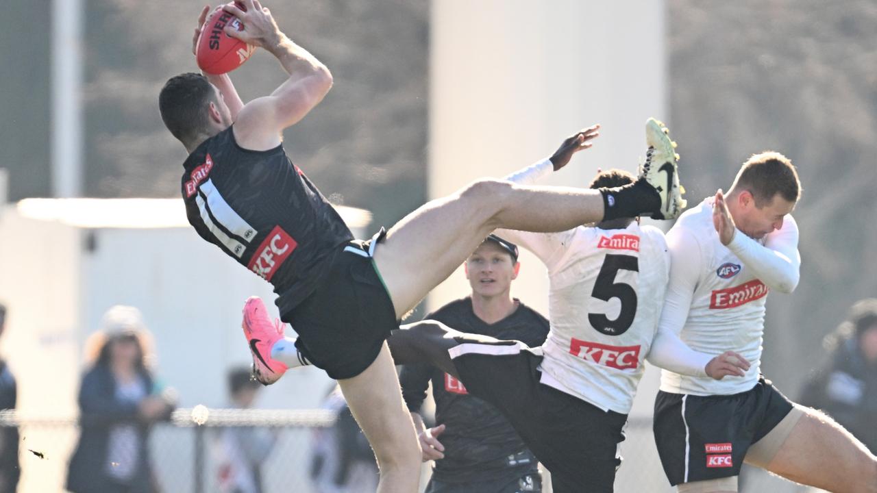 Dan McStay takes a contested mark during a Collingwood training session. Picture: Daniel Pockett / Getty Images