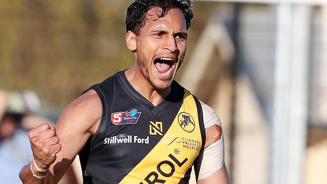 Tiger Marlon Motlop celebrates his goal of the day at the Bay. Picture: Sarah Reed