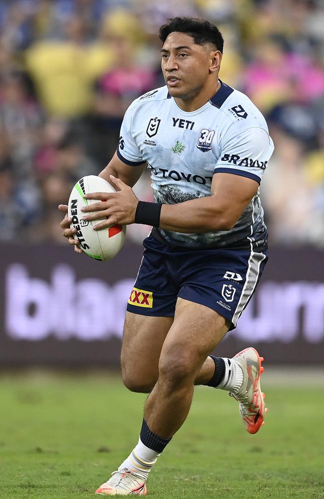 Jason Taumalolo of the Cowboys runs the ball during the round eight NRL match between North Queensland Cowboys and Gold Coast Titans at Queensland Country Bank Stadium, on April 26, 2025, in Townsville, Australia. (Photo by Ian Hitchcock/Getty Images)