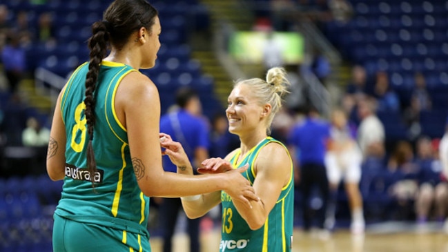 Elizabeth Cambage and Erin Phillips warm up before the game against France.