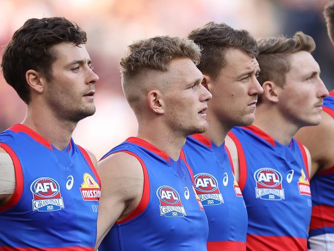 PERTH, AUSTRALIA - SEPTEMBER 25: Adam Treloar of the Bulldogs looks on as the teams line up during the 2021 AFL Grand Final match between the Melbourne Demons and the Western Bulldogs at Optus Stadium on September 25, 2021 in Perth, Australia. (Photo by Paul Kane/Getty Images)