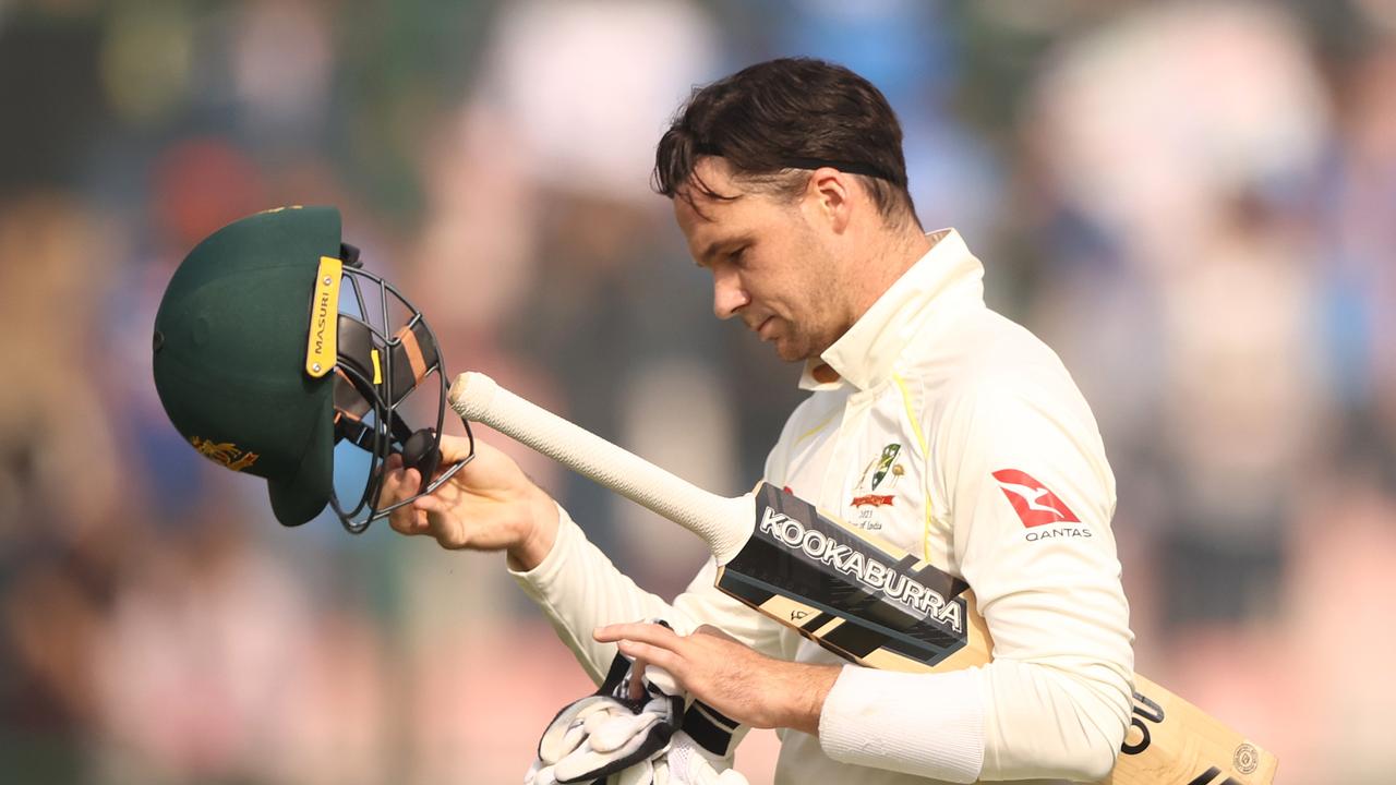 DELHI, INDIA - FEBRUARY 19: Peter Handscomb of Australia walks off after he was dismissed by Ravindra Jadeja of India during day three of the Second Test match in the series between India and Australia at Arun Jaitley Stadium on February 19, 2023 in Delhi, India. (Photo by Robert Cianflone/Getty Images)