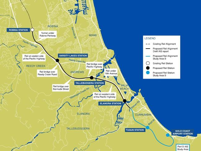 A map issued some years ago showing the planned extension of the Gold Coast heavy rail to Gold Coast Airport.