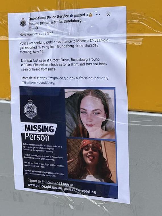 One of the 400-odd posters plastered across Bundaberg and Gin Gin following the sinister disappearance of 17-year-old Pheobe Bishop.