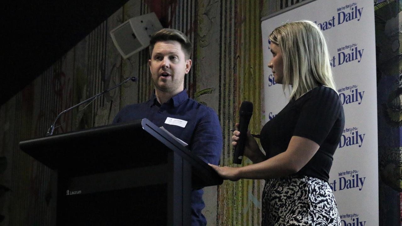 Sunshine Coast Daily journalist Tegan Annett interviews Sunshine Coast clinical nurse consultant Bramwell Moreton at the launch party for the Sunshine Coast Daily's new weekly paper. Picture: Tom Threadingham