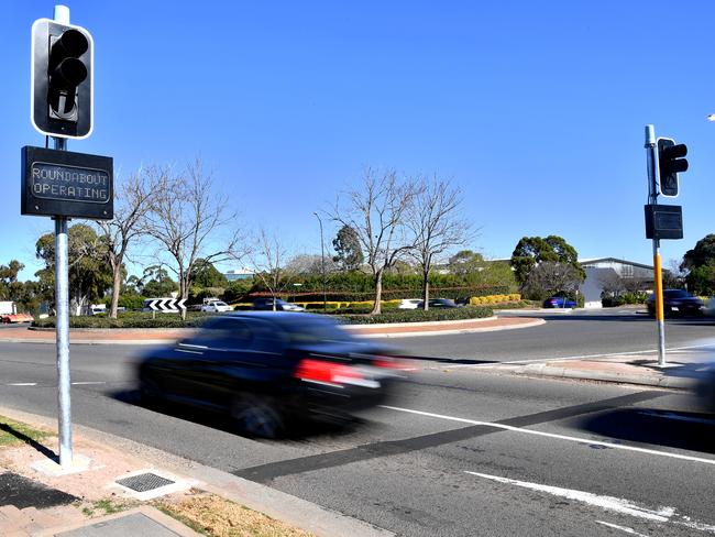 New lights at the roundabout on Norwest Boulevarde and Elizabeth Macarthur Drive at Bella Vista. Picture: Joel Carrett