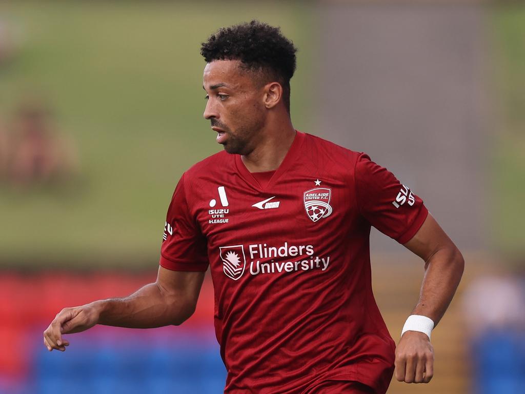 Ben Folami of Adelaide United with the ball during the round seven A-League Men match between Newcastle Jets and Adelaide United at McDonald Jones Stadium, on December 07, 2024, in Newcastle, Australia. Picture: Scott Gardiner/Getty Images