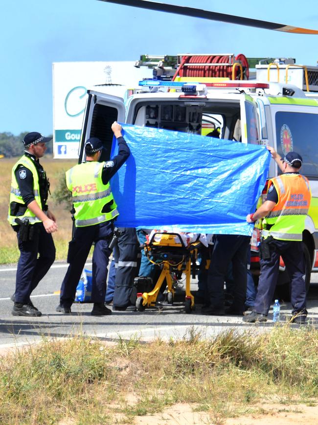 Emergency services attend a 3 person fatal crash involving four vehicles south of Townsville. Picture: Alix Sweeney