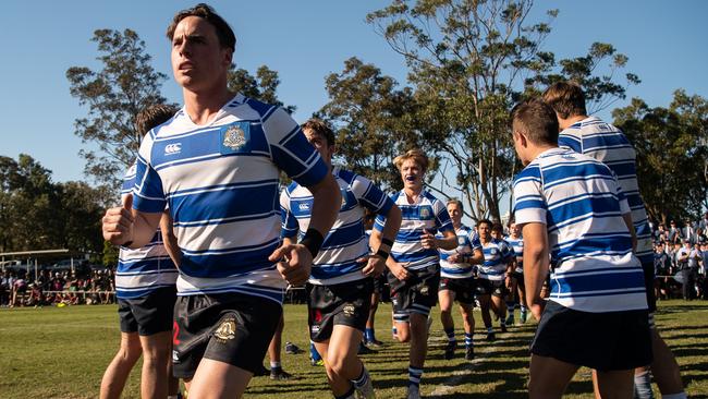 Nudgee College hooker Ronin Nutley runs out for Round One of the 2019 GPS First XV season. Photo: Brody Grogan, Nudgee College.