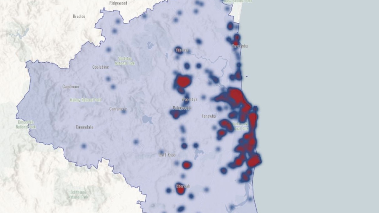 Heat map of assaults in the Sunshine Coast region in 2023. Picture: Queensland Police Service