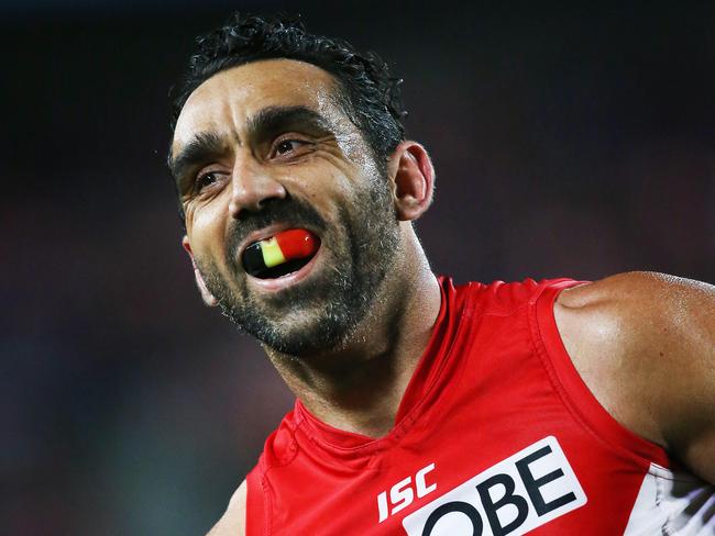 Sydney Swans' Adam Goodes celebrates a goal during AFL Preliminary Final, Sydney Swans v North Melbourne at ANZ Stadium. 19.9.14pic. Phil Hillyard