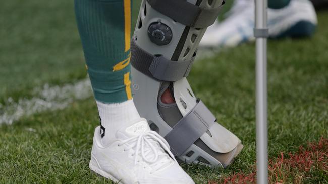 Quade Cooper’s ankle in a moon boot in Argentina. Picture: Daniel Jayo/Getty Images