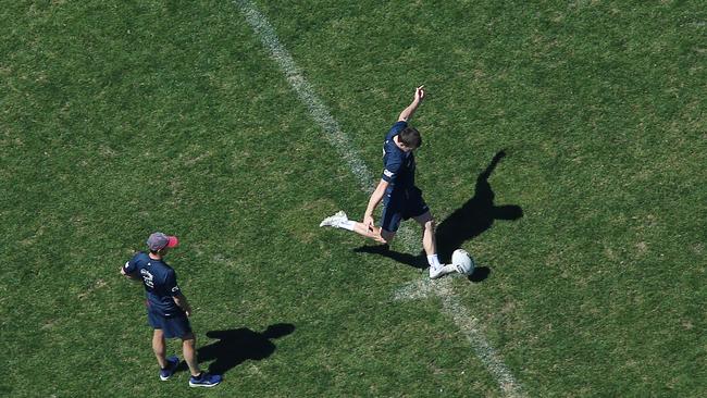 Luke Keary practices field goals. Picture: Sam Ruttyn