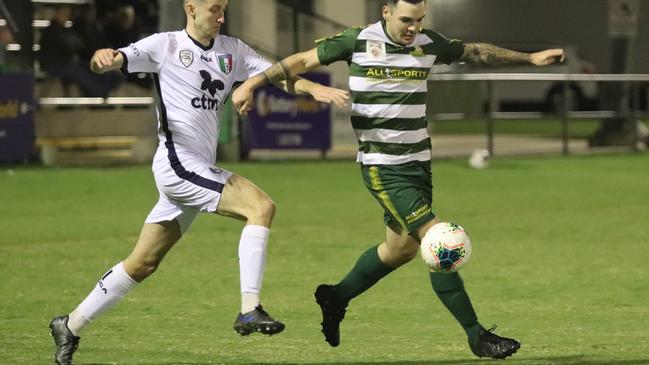 Western Pride goal scorer Kelton Scriggins breaks free in last weekend’s 2-1 FQPL1 loss to competition leaders Brisbane City at the Briggs Road Sporting Complex. Picture: Kerryn Hyett