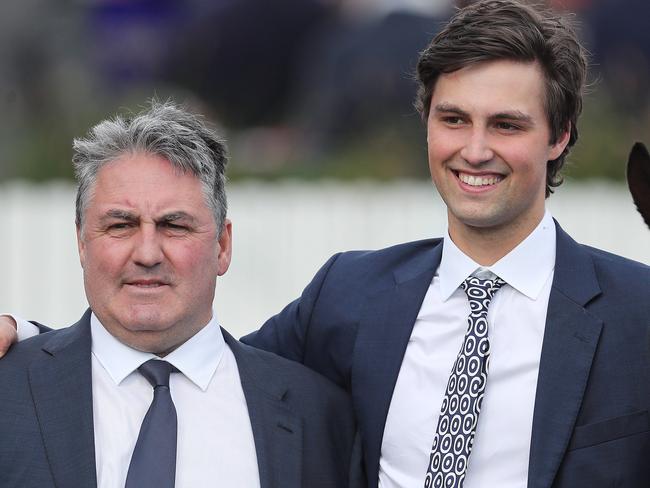 Racing. Caulfield Guineas Day at Caulfield Racecourse, Melbourne. Race 8. The Caulfield Guineas over 1600 meters.    Anthony Freedman and his son Sam with Super Seth after winning the Caulfield Guineas    .Picture: Michael Klein.