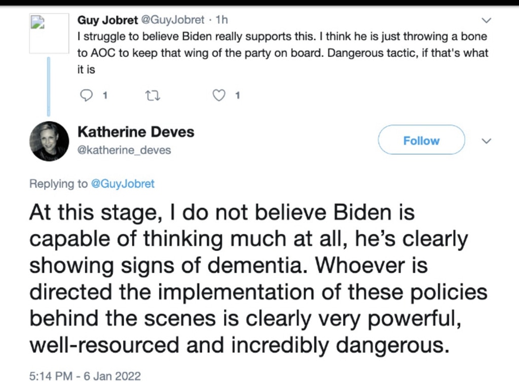 Katherine Deves declared US President Joe Biden is "clearly showing signs of dementia" on social media this year before deleting her account. Picture: Twitter/Katherine Deves.