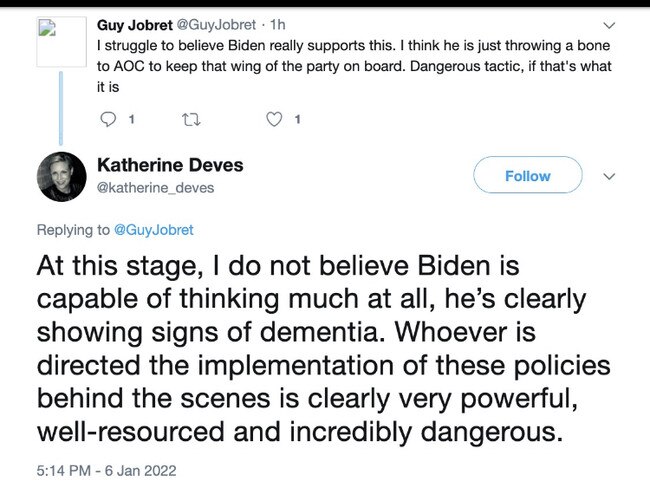 Katherine Deves declared US President Joe Biden is "clearly showing signs of dementia" on social media this year before deleting her account. Picture: Twitter/Katherine Deves.