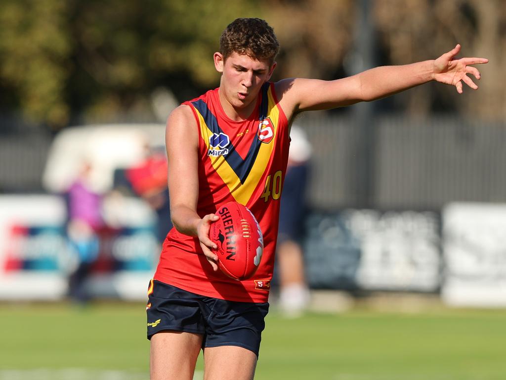 ADELAIDE, AUSTRALIA – JUNE 16: Alex Dodson of South Australia during the 2024 Marsh AFL Championships U18 Boys match between South Australia and Western Australia at Alberton Oval on June 16, 2024 in Adelaide, Australia. (Photo by Sarah Reed/AFL Photos via Getty Images)