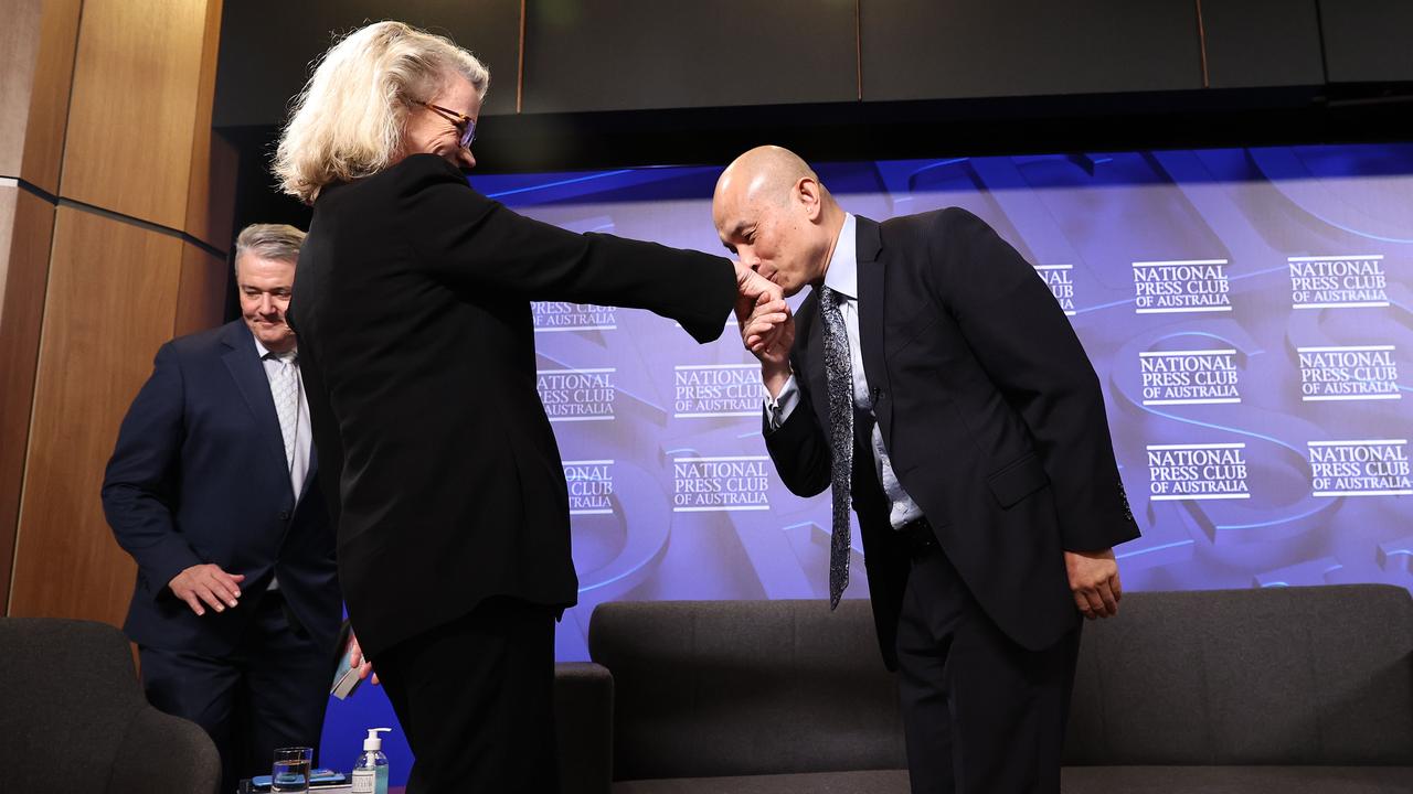 CANBERRA, AUSTRALIA - APRIL 21, 2021:Laura Tingle with Chinese embassy spokesman Wang Xining to discuss the "China crisis" at the National Press Club. They are discussing the souring relationship between China and Australia, and the rise of pandemic-related anti-Chinese racism. Picture: NCA NewsWire / Gary Ramage