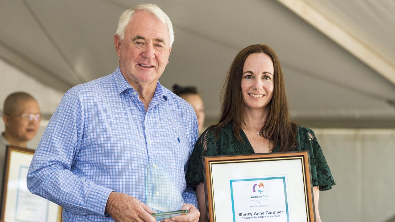 TRC Mayor Paul Antonio present Shirley-Anne Gardiner the Toowoomba District Citizen of the Year award on Australia Day 2021 at Picnic Point. Picture: Kevin Farmer