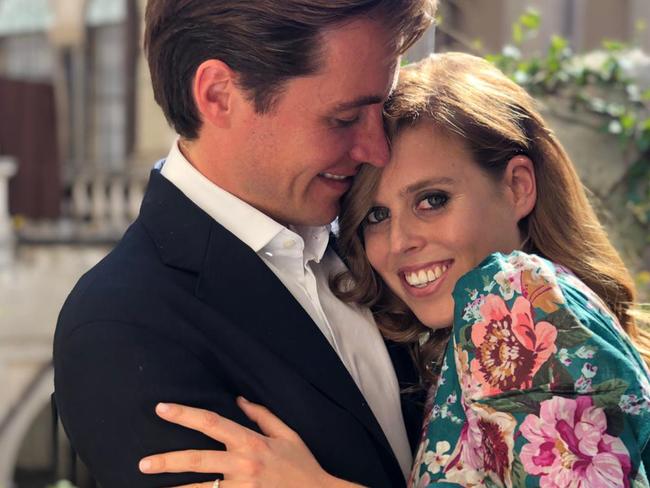 Princess Beatrice and Edoardo Mapelli Mozzi pose together for their engagement. Picture: Princess Eugenie/Buckingham Palace via Getty Images.