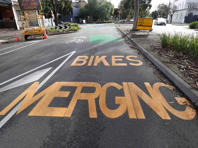 Merging bike lanes at Bridge and Evans streets Port Melbourne.                      Picture: David Caird