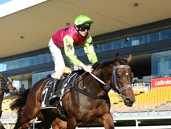 Knights Choice bolts in at Doomben for Sunshine Coast trainers John Symons and Sheila Laxon. Picture: Grant Peters - Trackside Photography