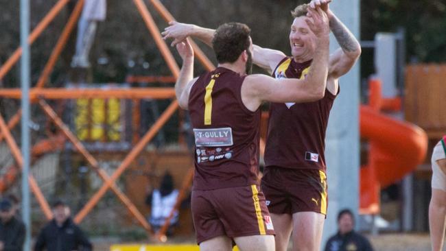 Taylor Leggate (right) kicked two goals in the win alongside Sam Collins, Sean Bramstedt and Luke Hannon. Picture: Rachel Odgers