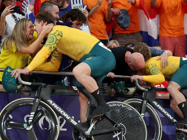 PARIS, FRANCE - AUGUST 11: (L-R) Bronze medalist Matthew Glaetzer and Silver medalist Matthew Richardson of Team Australia celebrate with family after the Men's Keirin, Final for Gold on day sixteen of the Olympic Games Paris 2024 at Saint-Quentin-en-Yvelines Velodrome on August 11, 2024 in Paris, France. (Photo by Jared C. Tilton/Getty Images)