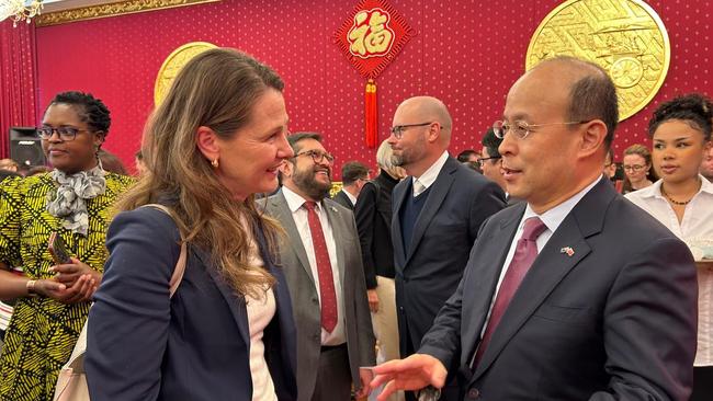 Department of Foreign Affairs and Trade deputy secretary Elly Lawson talks with Chinese ambassador to Australia Xiao Qian at the Chinese embassy in Canberra. Picture: Ben Packham