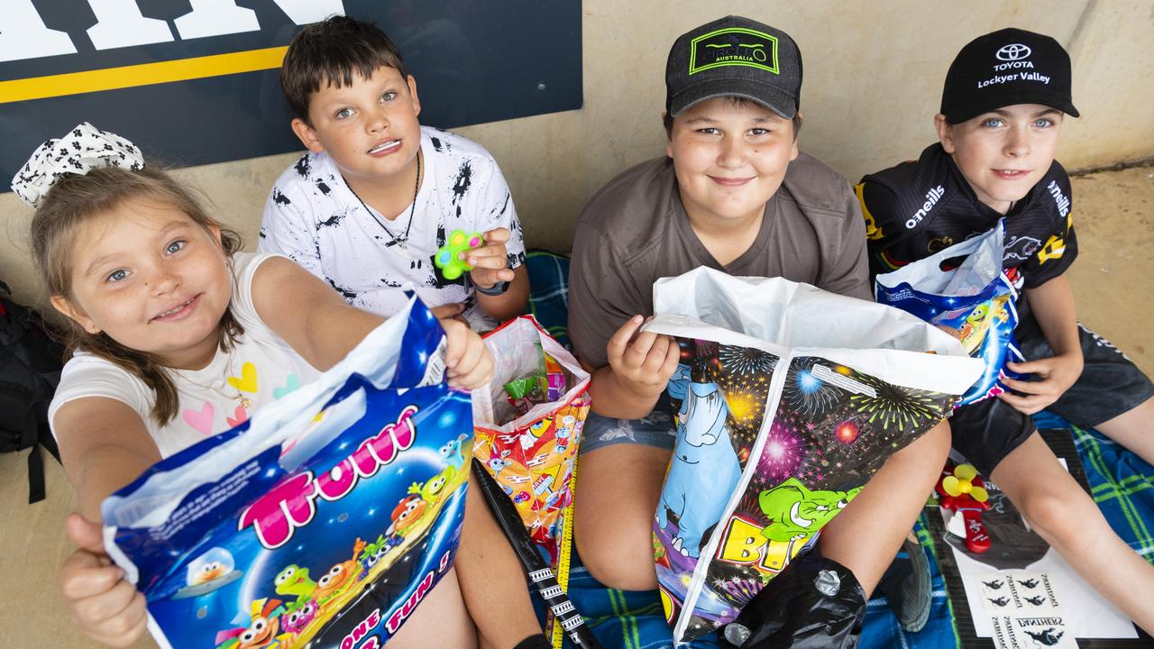 Showbag fun for (from left) Georgia Le-Bherz, Aiden Le-Bherz, William Brush and Nic Grinrod at the 2022 Toowoomba Royal Show, Friday, March 25, 2022. Picture: Kevin Farmer