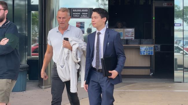 Broadbeach man Clinton Wade Andela (left), 61, leaves Southport Magistrates Court alongside his lawyer Kristian Wan. Picture: Charlton Hart